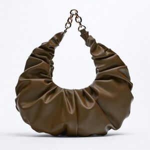 Zara Croissant Shaped Ruched Brown Shoulder Bag Purse with Gold Chain Strap
